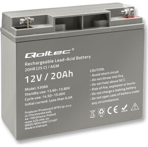 Qoltec AGM batéria | 12V | 20Ah | Bezúdržbový | Efektívne | LongLife | pre UPS, skúter