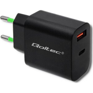 Qoltec 18W nástenná nabíjačka | 5-12V | 1,5-3A | USB typ C PD | USB QC 3.0 | čierna