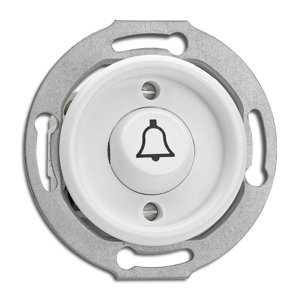 Okrúhle retro tlačidlo (1/0) symbol zvončeka, biely duroplast (THPG)