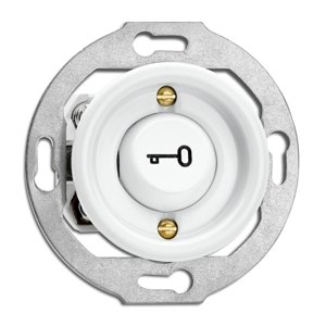 Okrúhle retro tlačidlo (1/0) symbol kľúča, biely porcelán (THPG)